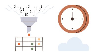İkili kod, bir saat ve bulut eşliğinde organize verileri bir tabloya yüklemek için bir huniye girer. Veri işleme, verimlilik, iş akışı, teknoloji, zaman yönetimi, bulut hesaplama için ideal