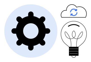 İşlem için vites, yaratıcılık için ampul ve yenilik için senkronize ok ile bulut. Teknoloji, takım çalışması, problem çözme, yenilik, fikirleri işlemek ve dijital dönüşüm için idealdir. Basit.