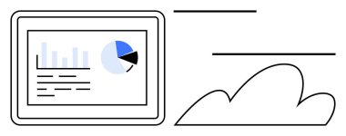 Soyut bulut grafikleriyle eşleştirilmiş bar tablet ekranı, pasta grafiği ve metin verileri. Veri analizi, bulut hesaplama, depolama, teknoloji, iş zekası ve yenilik için ideal