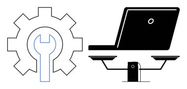 Dengeli bir dizüstü bilgisayarın yanındaki vites ve ingiliz anahtarı iş hayatı dengesi, teknik destek, yenilik, verimlilik, optimizasyon, karar verme ve iş stratejisini
