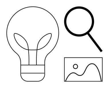 Yaprak detaylarına sahip ampul, büyüteç ve dikdörtgen manzara çizgisi. Basit bir yenilik, yaratıcılık, analiz, araştırma, sürdürülebilirlik, tasarım düşünme ve keşif için ideal