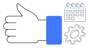 Onaylama, stratejik planlama ve işlem optimizasyonunu temsil eden bir takvim ve teçhizatın yanında başparmak kaldırma simgesi. Takım çalışması, organizasyon, program yönetimi, üretkenlik ve iş için ideal