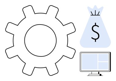Dişliler, dolar işaretli para çantası, ve bilgisayar ekranı vurgulama temaları iş otomasyonu, çevrimiçi finans yönetimi, teknolojik yenilik ve dijital işlemler. Teknoloji için ideal
