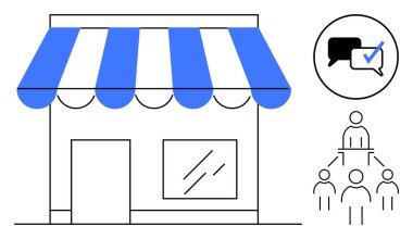 Tenteli basit bir vitrin, onay kontrollü konuşma balonları ve organizasyonel yapı diyagramı. İş geliştirme, iletişim, takım çalışması, strateji, liderlik ve müşteri için ideal