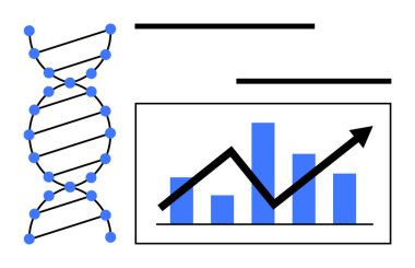 Çubuk grafiğin yanındaki DNA sarmalı yukarı doğru okla büyüme gösteriyor. Biyoloji, genetik, araştırma, bilimsel analiz, veri yorumlaması, ilerleme, sağlık hizmetleri için ideal. Basit düz metafor