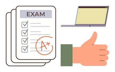 Sınav kağıtları yığını A sınıfı, açık dizüstü bilgisayar ve iyi niyetli el hareketi. Eğitim, e-öğrenme, testler, başarı, geri bildirim motivasyonu için ideal başarı. Basit düz metafor
