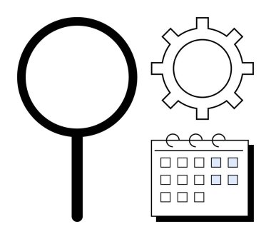 Büyüteç, dişli ve takvim simgeleri arama, optimizasyon ve zaman yönetimini temsil eder. Planlama, analiz, iş akışı, üretkenlik stratejisi verimliliği ve basit düz metafor için ideal