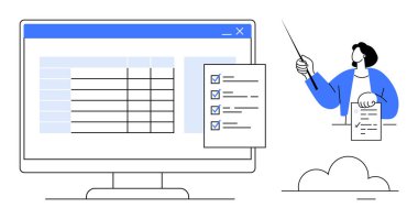Hesap tablosu ve yüzen kontrol listesi olan bilgisayar monitörü. Elinde kağıt ve işaretçi olan sunucu kavramları açıklıyor. Veri organizasyonu, proje planlaması, görev yönetimi, eğitim için ideal