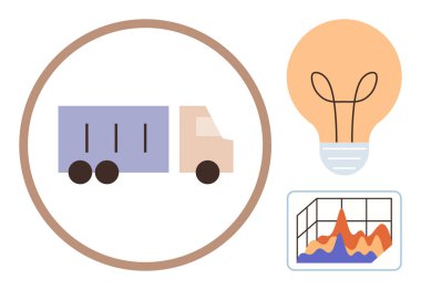 Lojistiği temsil eden kamyonet, yenilik için ampul ve analitiği sembolize eden veri tablosu. Lojistik, yenilik, veri analizi, teknoloji, tedarik zinciri, iş yaratıcılığı için ideal
