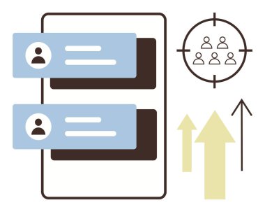 Kullanıcı iletileriyle mobil sohbet arayüzü, grup hedef kitlesi ve yukarı doğru büyüyen oklar. İletişim, takım çalışması, pazarlama, ağ oluşturma, strateji geliştirme için idealdir. Basit düz