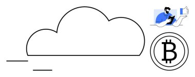 Bulut çizgisi, Bitcoin madeni para, kullanıcı elinde baş parmak işareti olan tablet. Engelleme zinciri, teknoloji, finans, ademi merkeziyet, yenilik, kripto para birimi yatırımları için ideal basit düz metafor