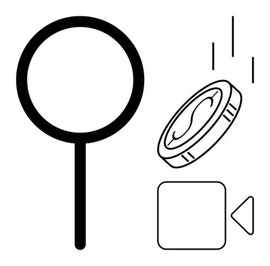 Büyüteç, para ve oyun düğmeleri keşif, finans ve multimedyayı sembolize ediyor. Araştırma, iş, teknoloji, finans analizi eğlence öğrenme kavramları için idealdir