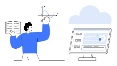 Kitabı tutarken grafik çizen, kavramları resmeden kişi. Yakınlarda, monitör bulut temelli analizleri gösteriyor. Eğitim, e-öğrenim, veri analizi, çevrimiçi öğrenme, eğitim kaynakları için ideal