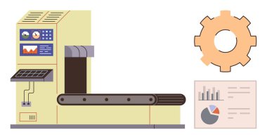 Endüstriyel taşıma bandı, kontrol paneli, dişli eleman ve veri analizi şeması. Üretim, otomasyon, üretim, süreç optimizasyonu, teknoloji, çalışma için ideal basit düz metafor