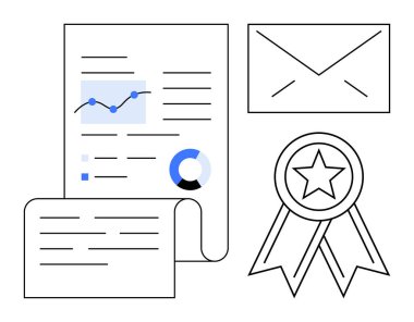 Grafik ve grafikli kağıt, sertifika parşömeni, zarf ve ödül kurdelesi iletişimi, tanınmayı, profesyonel başarıyı, veri analizini, iş büyümesini simgeliyor. Basit.