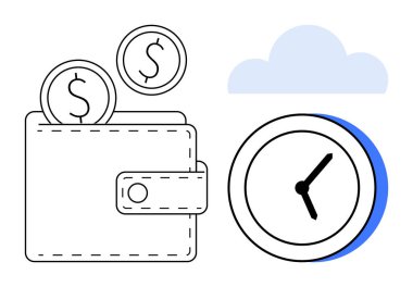 Bozuk paralarla dolu cüzdan, bir saat ve tasarruf parası ve zaman kazandıran bir bulut, bulut temelli çözümler ve finansal planlama. Finans, üretkenlik, zaman yönetimi, çevrimiçi işlemler bulutu için ideal