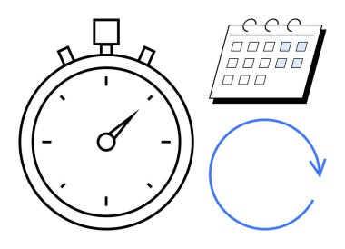 Sivri elli kronometre, işaretli tarihli takvim ve eğri ok. Üretkenlik, planlama, zaman yönetimi, teslim tarihleri, verimlilik organizasyonu için idealdir. Basit düz metafor