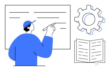 Yazı tahtasında çizgiler, vites simgeleme süreci ve bilgiyi gösteren açık bir kitap var. Eğitim, planlama, strateji, öğrenme, organizasyon yaratıcılık ekip çalışması için idealdir. Basit.