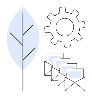 Stilize yaprak, dişli ve sürdürülebilirliği, otomasyonu, verimliliği ve iletişimi temsil eden birden fazla zarf. Çevresel çözümler, iş akışı yönetimi, yeşil teknoloji takım çalışması için ideal