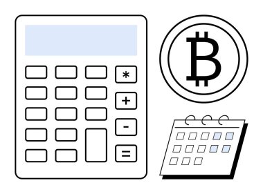 Hesap makinesi, Bitcoin para ve takvim kripto para hesaplama, finansal planlama, engelleme zinciri izleme, bütçe yönetimi, vergi hazırlama, işlem hesaplaması ve dijital ekonomiyi sembolize eder