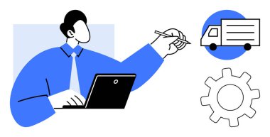 Dişli ve dağıtım kamyonu simgeleriyle dizüstü bilgisayarda çalışan bir profesyonel. Lojistik, tedarik zinciri, planlama, ulaşım, verimlilik, iş, iş akışı görselleri için ideal. Basit düz metafor