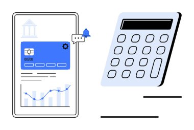 Kart detayları, tebligatlar, grafikler ve finansal hesap makinesiyle mobil bankacılık ekranı. Finans, bütçe, bankacılık, yatırım teknolojisi analizi ve ulaşılabilirlik için ideal. Basit düz
