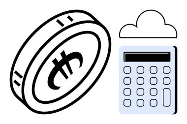 Hesap makinesinin yanında para birimi işareti olan sikke ve bulut ana hatları finansal teknoloji, sanal para, muhasebe ve dijital işlemleri sembolize eder. Fintech, bütçe, e-ticaret, bulut için ideal