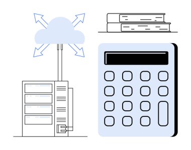 Buluta bağlanan sunucu oklar, hesap makinesi ve veri alışverişini, hesaplamayı ve öğrenmeyi temsil eden bir yığın kitap. Teknoloji, eğitim, bulut hizmetleri ve finans analizi için ideal