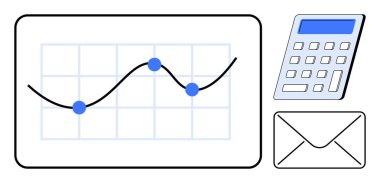 Satır tablosu, hesap makinesi ve mali eğilimleri, veri hesaplamalarını ve iş mesajlarını temsil eden zarf. Finans, muhasebe, iletişim, planlama, bütçe analizi istatistikleri için ideal