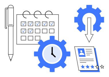 Görev işaretli takvim, saatli vites, reytingli devam, kalem, ok. Üretkenlik, otomasyon, zaman yönetimi, HR süreçleri için ideal. Değerlendirme işe alma basit düz metafor
