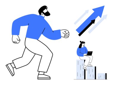Adam özgüvenle ileriye doğru yürüyor, kadın grafiklerin üstünde dizüstü bilgisayarla çalışıyor, ve yukarı doğru oklar. Büyüme, takım çalışması, başarı, ilerleme, analitik liderlik stratejisi için ideal. Basit düz metafor