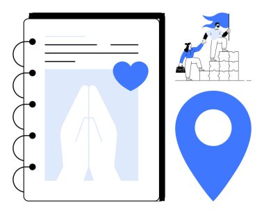 Dua eden elleri ve kalbi olan açık bir günlük, büyük bir harita iğnesi, engellere tırmanmak için işbirliği yapan iki kişi. Toplum için ideal, rehberlik, navigasyon, maneviyat, motivasyon ekip çalışması kişisel gelişim. Basit.