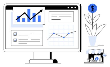 Grafikleri, grafikleri ve finansal verileri gösteren masaüstü monitörü. Bitki, dolar ikonu ve küçük mağazalar büyümeyi, ticareti ve tasarrufu gösteriyor. Finans sektörü analitik pazarlaması için ideal