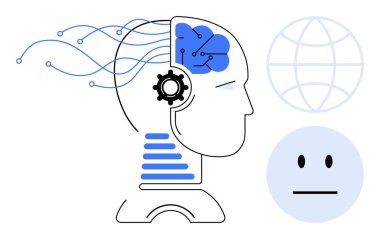 Nöral ağ grafikleri olan bir kafa silueti, bir dişli, küresel küre ve nötr bir yüz. Teknoloji, yapay zeka, yenilik, otomasyon öğrenme, küresel fikirler için idealdir. Basit düz