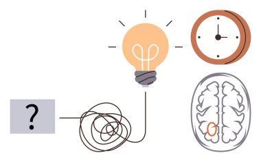 Karışık kabloya, saate, beyin taramasına ve soru işaretine bağlı ampul. Sorun çözme, yaratıcılık, yenilik, zaman yönetimi, bilişsel süreçler, karar verme süreci için ideal