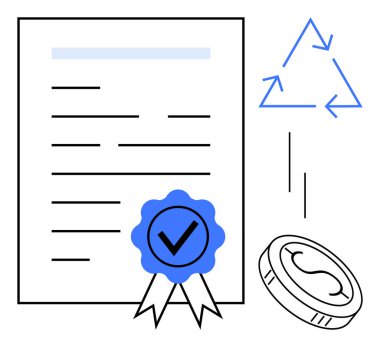 Onaylı kurdele, geri dönüşüm okları ve çevresel etkiyi, doğruluğu ve sürdürülebilirliği temsil eden para ile süslenmiş sertifikalı belge. Sertifika, çevre bilinci, uyum için ideal