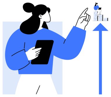 Tablet çizelgesinde yukarı doğru ok atan bir kadın. Büyüme, başarı, liderlik, ilerleme, strateji, motivasyon ve hedefler için ideal. Basit bir düz metafor.