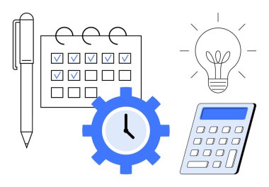 Kalem, kontrol işaretli takvim, dişli saat, ampul ve hesap makinesi. Üretkenlik, planlama, yenilikçilik verimlilik zaman yönetimi iş eğitimi için idealdir. Basit düz metafor