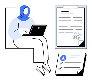 Bilgisayarda imzalı bir belge ve tamamlanmış bir listeyle çalışan bir kadın. Üretkenlik, uzaktan çalışma, eğitim, sözleşmeler, görev yönetimi, iş başvuruları için ideal, basit düz metafor