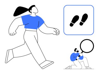 Güvenle yürüyen bir kadın, bir ayak izi ikonu ve büyüteçle ipuçlarını inceleyen bir adam. İlerleme, hareket, keşif, analiz, araştırma ve keşif için ideal. Basit.