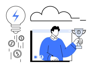 Bir video arayüzü içinde para, yenilik ve bulutlarla çevrili bir kupa tutan kişi. Teknoloji, iş başarısı, uzak çalışma, yaratıcılık ve finansal büyüme için ideal