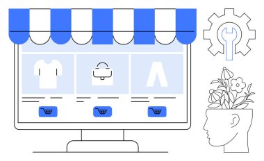 Dijital mağaza önü, ürün simgeleri, alışveriş arabasının düğmeleri, çiçekli kafa profili, vites aleti olan masaüstü ekranı. E-ticaret, yenilik, teknoloji, yaratıcılık işi için ideal online alışveriş