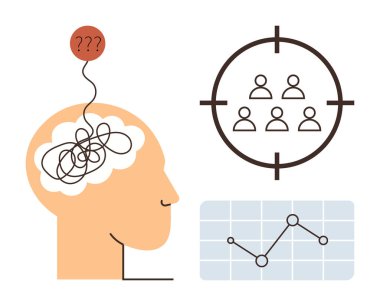Kafa karışıklığı, soru işaretleri, hedef tahtası ve grafik analizi olan insan kafası. Sorun çözme, odaklanma, analitik, karar verme, beyin fırtınası araştırma stratejisi için ideal