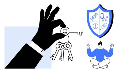 Tıbbi ve sağlıklı sembollerle ve meditasyon yapan kişilerle kalkan ikonunun yanındaki anahtarları kavramak. Güvenlik, sağlık koruma, farkındalık, refah, öz bakım, çözümler için ideal, basit düz metafor