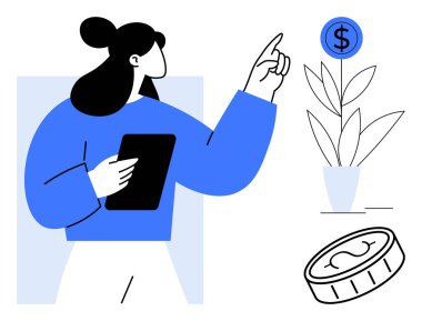 Elinde tablet tutan kadın, mali büyüme, yatırım ve tasarrufu simgeleyen bir para fabrikası ve madeni paraya işaret ediyor. Finans, yatırım, büyüme, ekonomi, yönetim planlaması için ideal basit bir daire