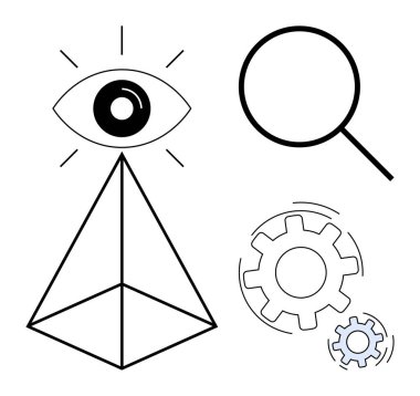 Piramidin tepesindeki göz içgörü, keşif için büyüteç ve yenilik ve işbirliğini simgeleyen vites. Strateji, yaratıcılık, problem çözme, analiz, araştırma, takım çalışması için ideal