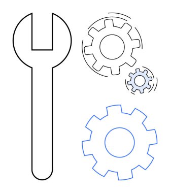 Dönen dişlilere bitişik olan, işbirliği, onarım ve mekanik süreçleri gösteren bir İngiliz anahtarı. Bakım, mühendislik, yenilik, takım çalışması, problem çözme, hassasiyet için ideal