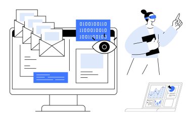 Elektronik postalar, ikili kodlar ve ekranlardaki analizler, elinde tablet olan profesyonel bir sanal gerçeklik gözlüğü. Teknoloji, veri güvenliği, dijital iletişim, yenilik, analitik ve gelecek çalışmaları için ideal
