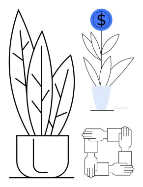 Büyümeyi sembolize eden saksı bitkileri birleşme için birbirine bağlı eller ve finansal büyüme için bir dolar işareti olan bir bitki. Takım çalışması, toplum, finans, yatırım, sürdürülebilirlik için ideal