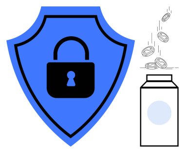 Kilitli kalkan korunmayı simgeliyor. Bozuk paraların kavanoza düşmesi tasarruf ve yatırım güvenliğini simgeliyor. Finans, tasarruf, güvenlik, sigorta, mali planlama, yatırım, risk için ideal